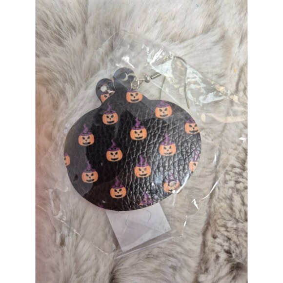 Halloween Pumpkin Faux Leather Earrings - Picture 1 of 3
